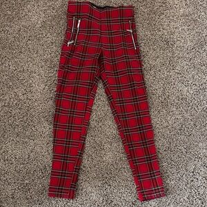 Zara Red Plaid Leggings with Zipper Accents